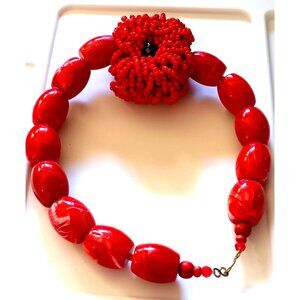 CINNIBAR Chunky Red Beaded Necklace With Large Floral Centerpiece & Swirled Oval